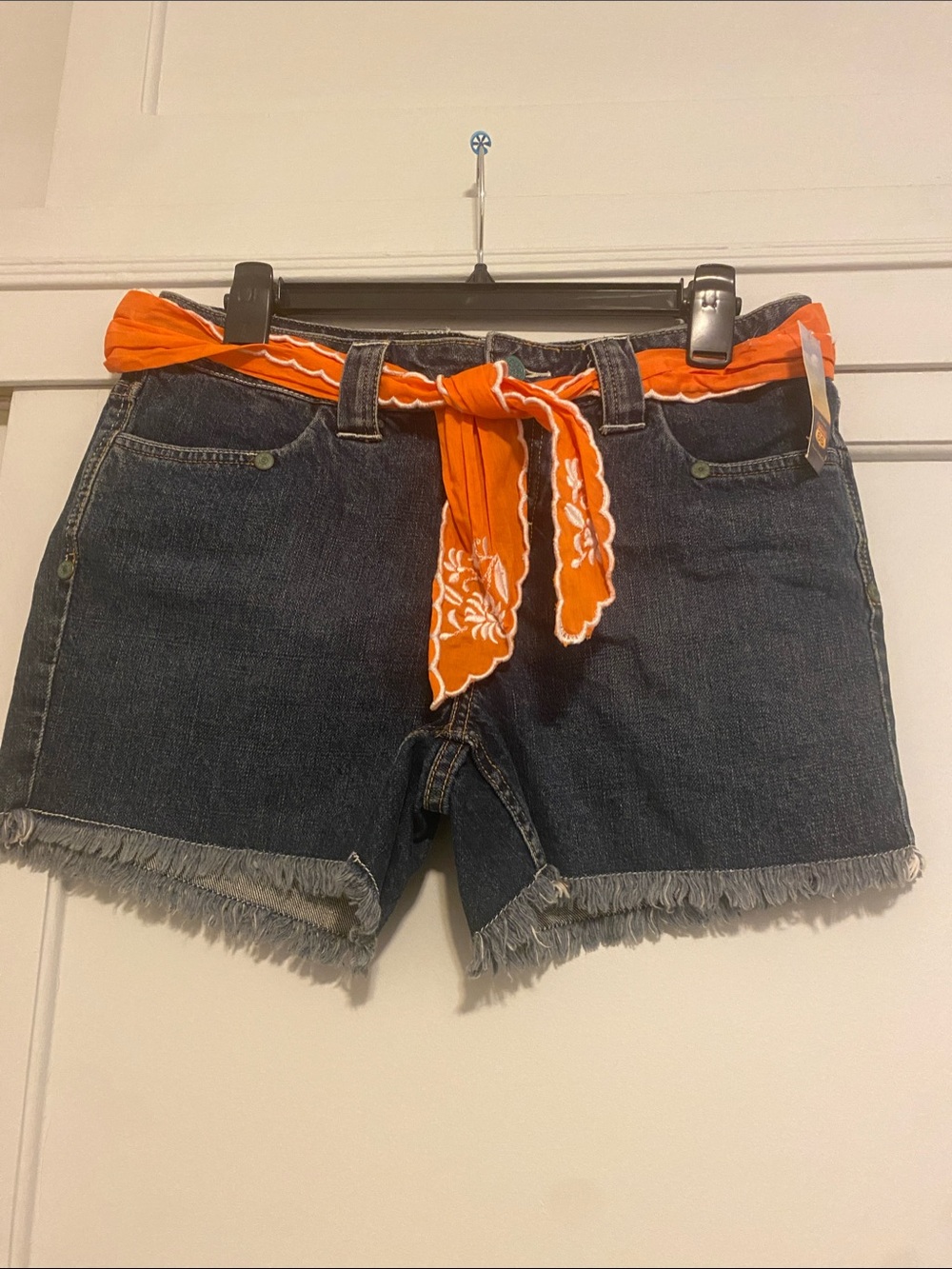 Vintage Y2K Dark Wash Denim Shorts with Orange Belt - Route 66